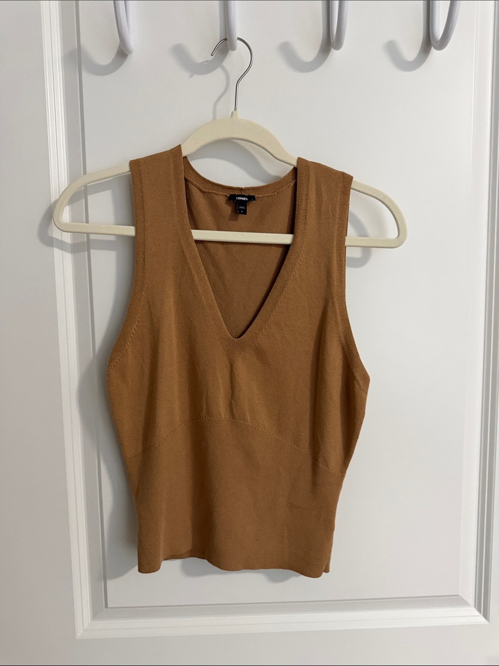 Express Sleeveless V-Neck Knit Tank in Camel Brown